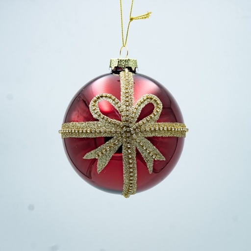 [600-47483] BOLA DE CRISTAL, ROJA CON LAZO DORADO, SET DE 4 PIEZAS, 10 CM