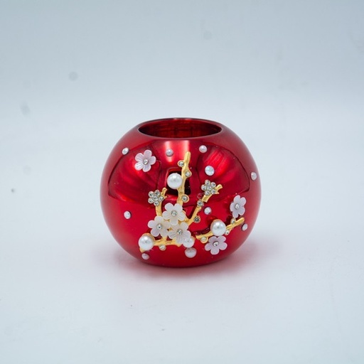 [600-47490] PORTAVELAS ROJO CON FLORES BLANCAS 3D, 6,5X8CM