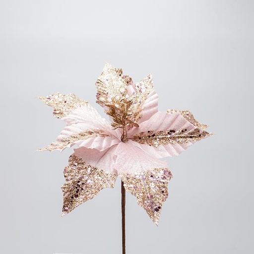 [600-47604] FLOR DE POINSETTI, ROSA, CON BRILLO EN LA MITAD DE LA HOJA, 26X20CM