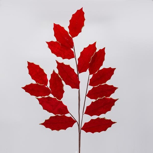 [600-47625] RAMA CON HOJAS DE ACEBO DE TERCIOPELO ROJO, 87 CM