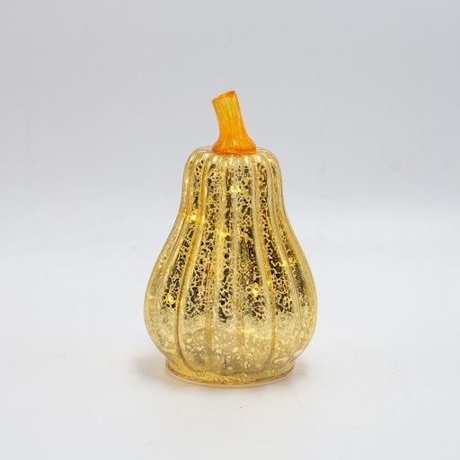 [600-47653] CALABAZA DE CRISTAL DORADO ILUMINADA, CAJA DE PILAS 2XAAA, TEMPORIZADOR, 8 LED BLANCO CÁLIDO, 9X14CM, IP20