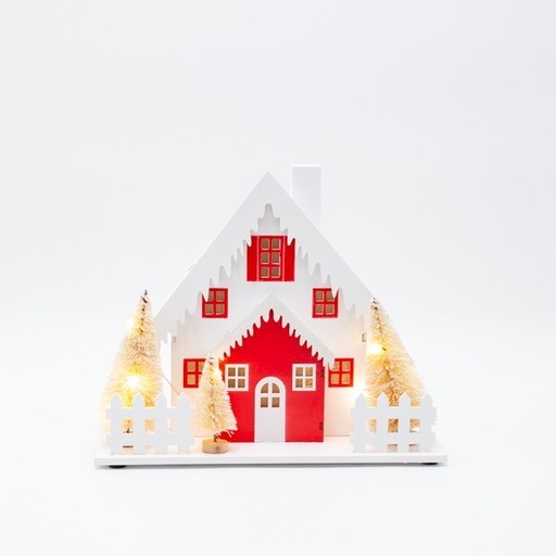 [600-47661] CASA DE MADERA ILUMINADA, COLOR ROJO Y BLANCO, CON ÁRBOLES Y TECHO NIEVADO, CAJA DE PILAS 2XAA, TEMPORIZADOR, 10 LED BLANCO CÁLIDO, 20X10X20CM, IP20
