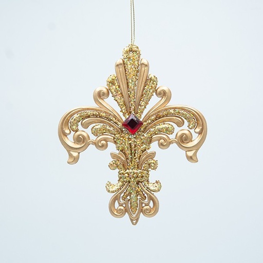 [600-47668] ADORNO ACRÍLICO FLOR DE LIS, DORADO CON GEMA ROJA, 11,4X1X13,7CM