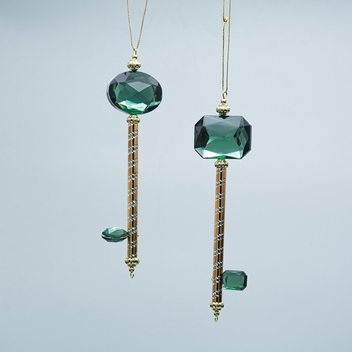 [600-47693] LLAVE DE PLÁSTICO, DORADA CON GEMA VERDE ESMERALDA, 2 DISEÑOS, 4,3X1,3X15,5CM