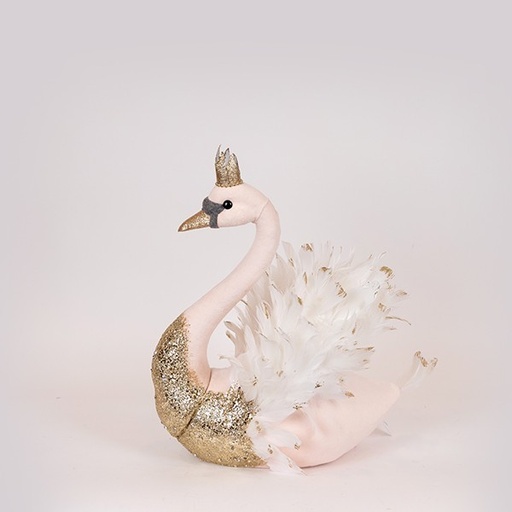 [600-47717] CISNE DE TERCIOPELO, ROSA CON BRILLO DORADO, 27X22X28CM