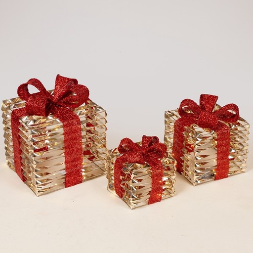 [600-47771] REGALOS ILUMINADOS 15-20-25CM, 20/30/40 LED, CAJA DE PILAS 2XAA/3XAA, TEMPORIZADOR, DORADO CON LAZO ROJO, LED BLANCO CÁLIDO, IP20