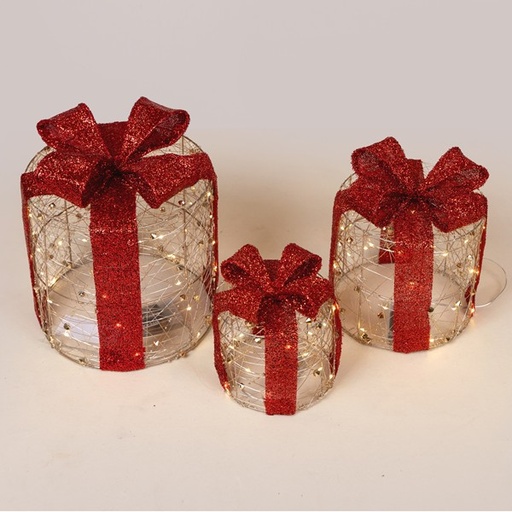 [600-47772] REGALOS REDONDOS ILUMINADOS 15-20-25 CM, 20/30/40 LED, CAJA DE PILAS 2XAA/3XAA, TEMPORIZADOR, DORADO CON LAZO ROJO, LED BLANCO CÁLIDO, IP20