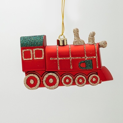 [600-47827] ADORNO DE PLÁSTICO, TREN ROJO CON BRILLO VERDE, JUEGO DE 2 PIEZAS, 11 CM
