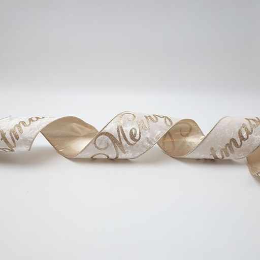 [600-47860] CINTA DE LUJO, TERCIOPELO BEIGE CON BRILLO FELIZ NAVIDAD, 914X10CM