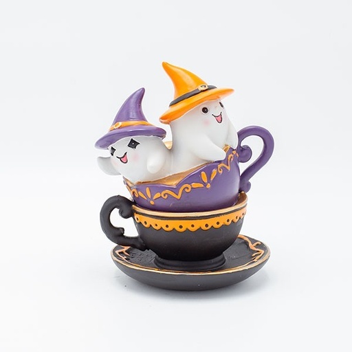 [600-47871] FANTASMAS CON SOMBREROS NARANJA Y NEGRO, EN TAZA, HALLOWEEN, 14,5X12,7X17,5CM