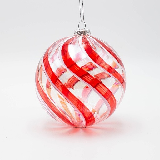 [600-47888] BOLA DE CRISTAL TRANSPARENTE, CON LÍNEAS ROJAS Y BLANCAS, SET 2 UDS., 12CM