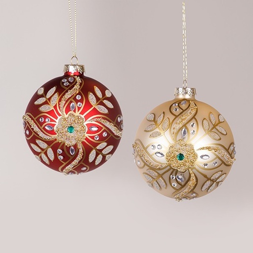 [600-47898] BOLA DE CRISTAL, COLOR ROJO CHAMPÁN, CON CUENTAS Y BRILLO, SET DE 2 PIEZAS, 10 CM