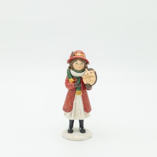 [600-47905] FIGURA DECORATIVA DE POLIRRESINA, NIÑA CON ERIZO, COLOR ROJO, 5 X 13 CM.