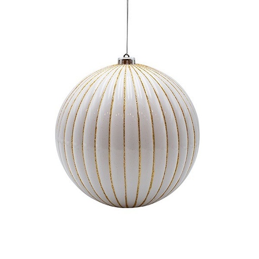[600-47945] BOLA DE PLÁSTICO, BLANCA CON RAYAS DORADAS EN RELIEVE, SET DE 2 PIEZAS, 15 CM