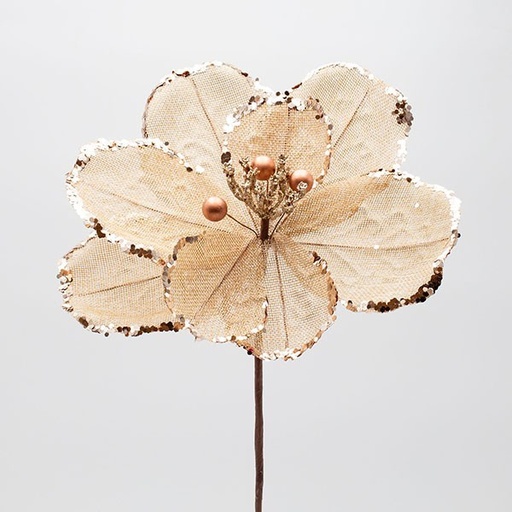 [600-47974] FLOR RÚSTICA CON ARPILLERA, PERLAS DE CHAMPÁN Y PURPURINA, 25X45CM