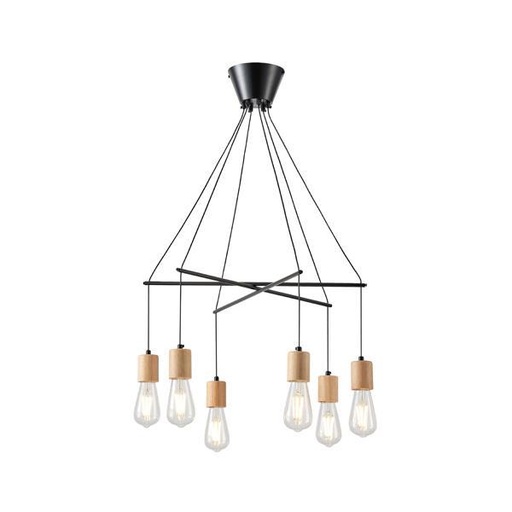 [144-30121] LÁMPARA COLGANTE MADERA-METAL 6 LUCES 6xE27 MÁX 15W 650x650x1180mm NEGRO ARTE ILLUMINA EDISON