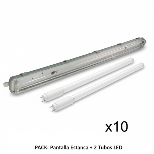 [PE120_PACK10_6500K] PANTALLA ESTANCA "DICHT" 2xTUBO LED 120cm PC 1263x108x90mm AIMUR (Pack 10 unidades) CON TUBO INCLUIDO 6500K