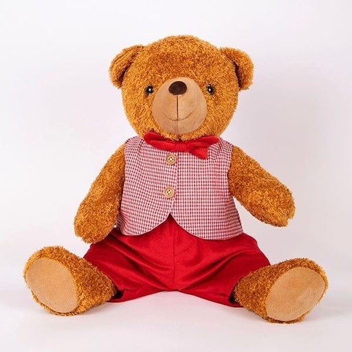 [600-48137] OSO DE PELUCHE SENTADO CON CHALECO ROSA DE CUADROS, 40CM
