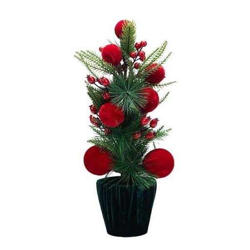 [600-49422] VERDE TERCIOPELO MACETA CON AGUJAS DE PINO Y POMPONES DE TERCIOPELO ROJO, 43CM