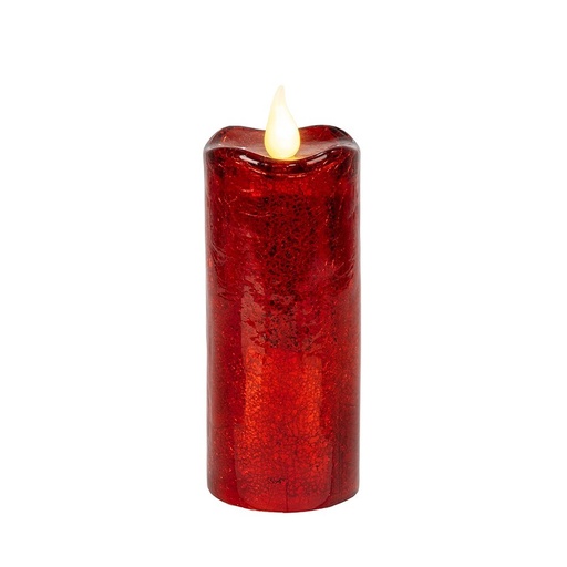 [600-48453] VELA DE CRISTAL, ROJO CRAQUELADO, CON DOS MODOS DE ILUMINACIÓN, 9X18.3CM