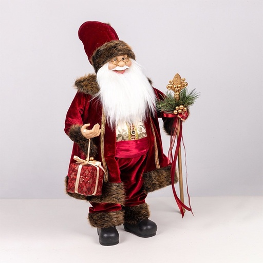 [600-49564] PAPÁ NOEL CON TRAJE BURDEOS Y ORNAMENTADO CETRO, 60CM