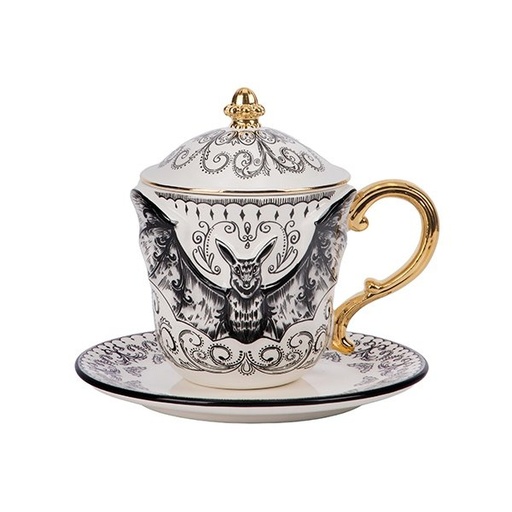 [600-49494] HALLOWEEN VASO Y PLATILLO JUEGO CON MURCIÉLAGO Y DORADO DETALLES, 17X17X16.2CM