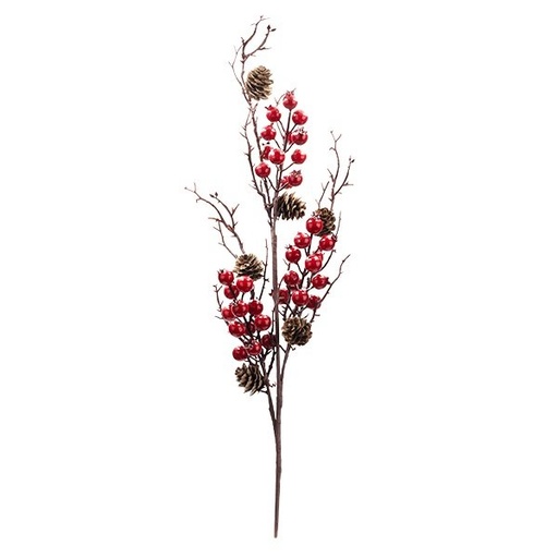 [600-49389] RAMA CON BRILLANTE ROJO BAYAS Y PEQUEÑO PIÑAS, 70CM