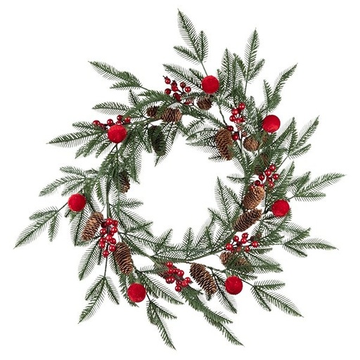 [600-49446] CORONA CON VERDE PE RAMAS, BOLAS DE TERCIOPELO ROJO, Y PIÑAS, 80CM
