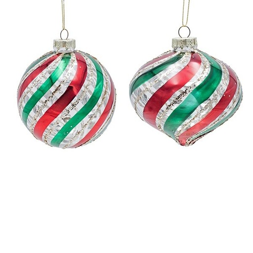 [600-48846] CRISTAL TRANSPARENTE BOLA CON ROJO Y VERDE ESPIRALES, 2 DISEÑOS, JUEGO 4UDS, 10CM