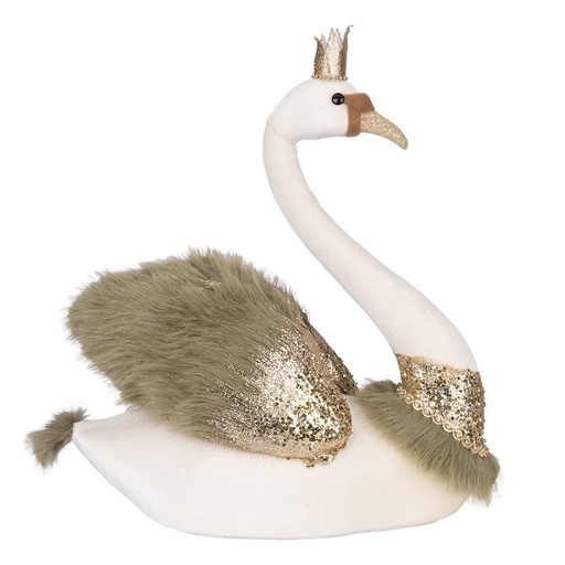 [600-49008] TERCIOPELO CREMA CISNE CON OLIVA PLUMOSO ALAS Y DORADO CORONA, 50X32X60CM