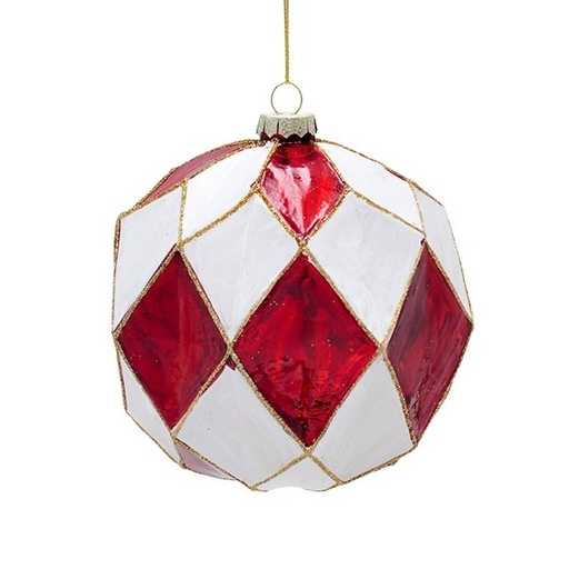 [600-48827] EN RELIEVE CRISTAL BOLA CON DIAMANTE PATRÓN, ROJO Y BLANCO, JUEGO 2UDS, 12CM