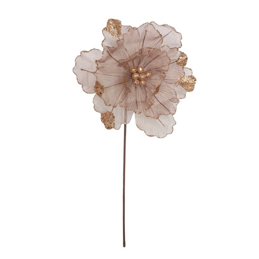 [600-48677] ORGANZA FLOR, CLARO MARRÓN CON PERLA, 26X45CM