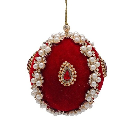 [600-49162] TERCIOPELO BOLA, ROJO, LUJO, CON PERLAS BLANCAS Y ROJO GEMAS, 10CM