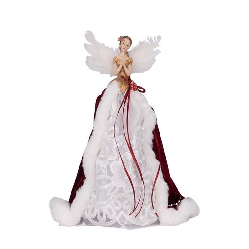 [600-49502] ÁRBOL SUPERIOR ÁNGEL CON BLANCO VESTIDO Y BURDEOS TERCIOPELO CAPA, 35CM