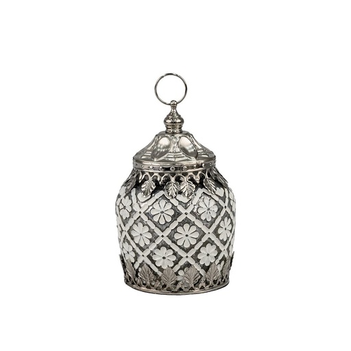 [819-02157] FAROL LED CON FLORES METÁLICO - CRISTAL BLANCO - PLATEADO 9.5X9.5X13.5CM