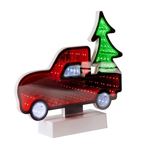 [600-48673] DECORATIVO DISEÑO ESPEJO CON TIRA LED, 40 LED, COCHE CON ÁRBOL 11X4.5CM, CAJA DE PILAS 3XAA, ROJO, BLANCO & LED VERDE, IP20