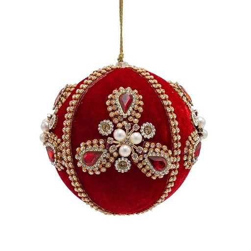 [600-49157] TERCIOPELO BOLA, ROJO, LUJO, CON BORDADO PERLA FLOR, 10CM