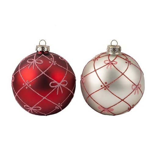 [600-48178] CRISTAL BOLA, ROJO Y PLATEADO CON ROSA LAZOS, JUEGO 4UDS, 10CM