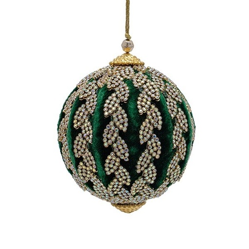 [600-49158] TERCIOPELO BOLA, OSCURO VERDE, LUJO, CON BORDADO DORADO HOJAS, 10CM