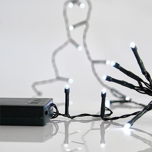 [600-05780] GUIRNALDA LINEAL, 20 LED 5MM, CAJA DE PILAS 3XAA, TEMPORIZADOR, CABLE PVC VERDE, LED BLANCO CADA 10CM, CABLE DE ALIMENTACIÓN 50CM, IP20
