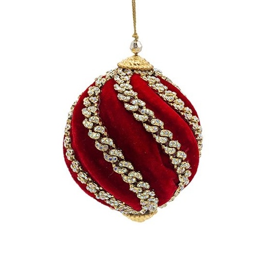 [600-49161] TERCIOPELO, BOLA, ROJO, LUJO, CON DORADO CADENAS, 10CM