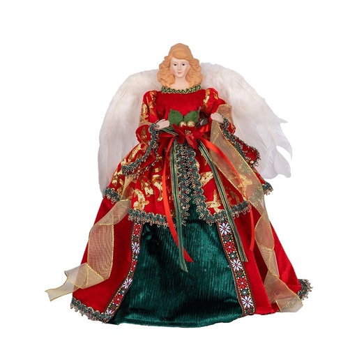 [600-49560] ÁRBOL SUPERIOR ÁNGEL CON CON PLUMAS ALAS Y VERDE Y ROJO VESTIDO, 40CM