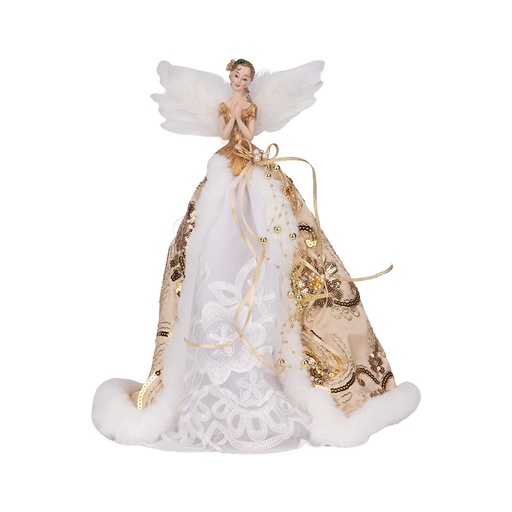 [600-49503] ÁRBOL SUPERIOR ÁNGEL CON BLANCO ENCAJE VESTIDO Y MARFIL FLORAL CAPA, 35CM