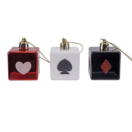 [600-49115] PLÁSTICO CUBO ADORNO, BLANCO, ROJO, Y NEGRO CON TOCANDO TARJETA SÍMBOLOS, JUEGO 8UDS, 5CM