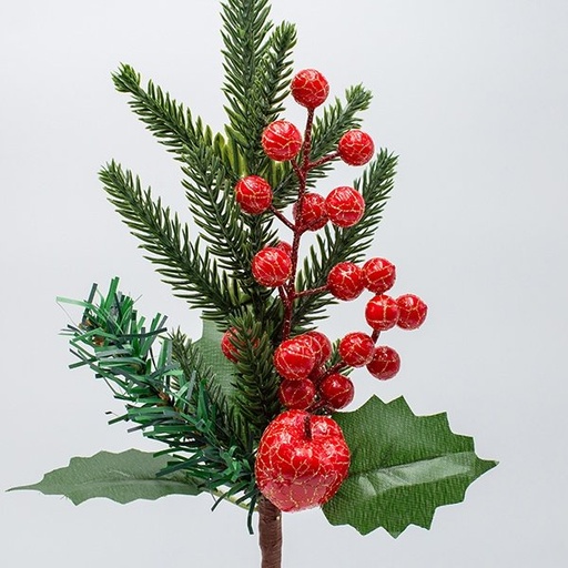 [600-47621] PICK DECORATIVO CON ROJO BAYAS Y DORADO CRAQUELADO EFECTO, 31CM