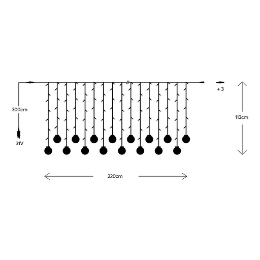 [600-02027] CORTINA, 120 LED 5MM CON BOLAS, 31V ADAPTADOR, 4 CONECTORES HASTA 3 JUEGO, CABLE PVC TRANSPARENTE, LED BLANCO CÁLIDO (H113 X W220CM, 10 LÍNEAS), CABLE DE ALIMENTACIÓN 3M, IP44