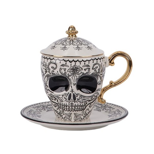 [600-49495] HALLOWEEN CALAVERA-CON FORMA VASO Y PLATILLO JUEGO CON DORADO DETALLES, 17X17X16.2CM