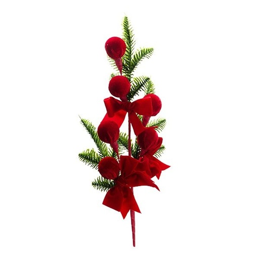 [600-49368] RAMA CON TERCIOPELO ROJO POMPÓN-POMPONES Y PEQUEÑO LAZOS, 66CM