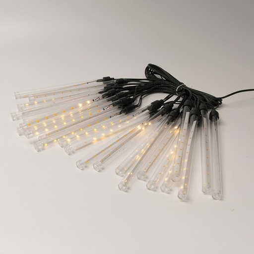 [600-02301] CASCADA, 200 LED, 7V ADAPTADOR, LUZ FIJA, CABLE PVC VERDE, 25 TUBOS H19CM CON LED BLANCO CÁLIDO CADA 20CM, CABLE DE ALIMENTACIÓN 5M, IP44