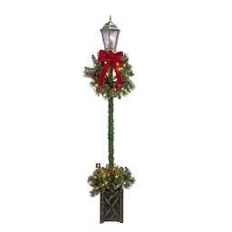 ANTIGUO COLUMNA FAROL DECORADO CON NAVIDAD CORONA Y LAZO ROJO, 100 LED BLANCO CÁLIDO, 210CM